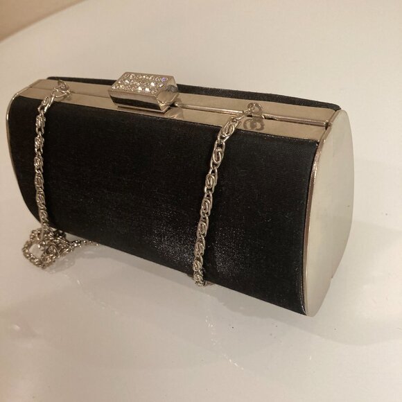 Black Satin Glitter Box Clutch Purse , Silver Diamante Crystal Clasp - Picture 11 of 12